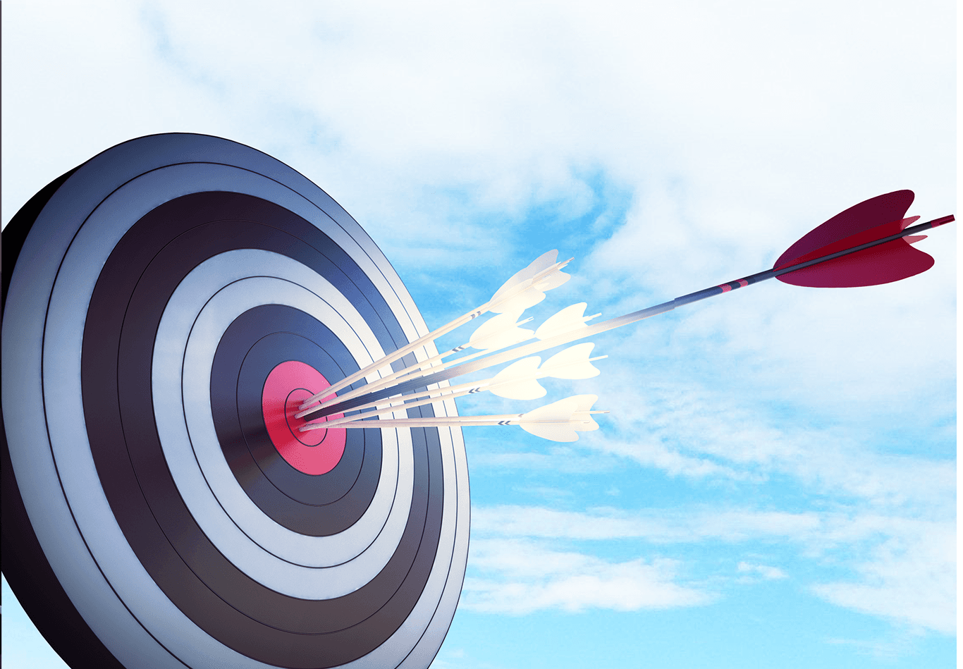Arrows striking the centre of a target, with a red arrow in flight