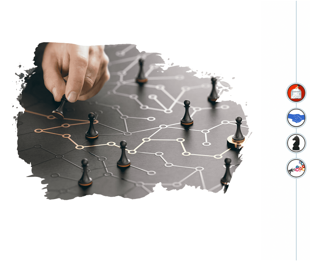 Strategy mapped as connected pieces on a board